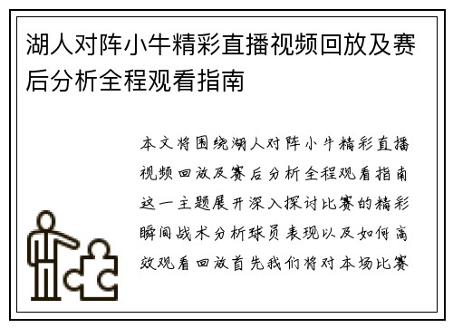 湖人对阵小牛精彩直播视频回放及赛后分析全程观看指南